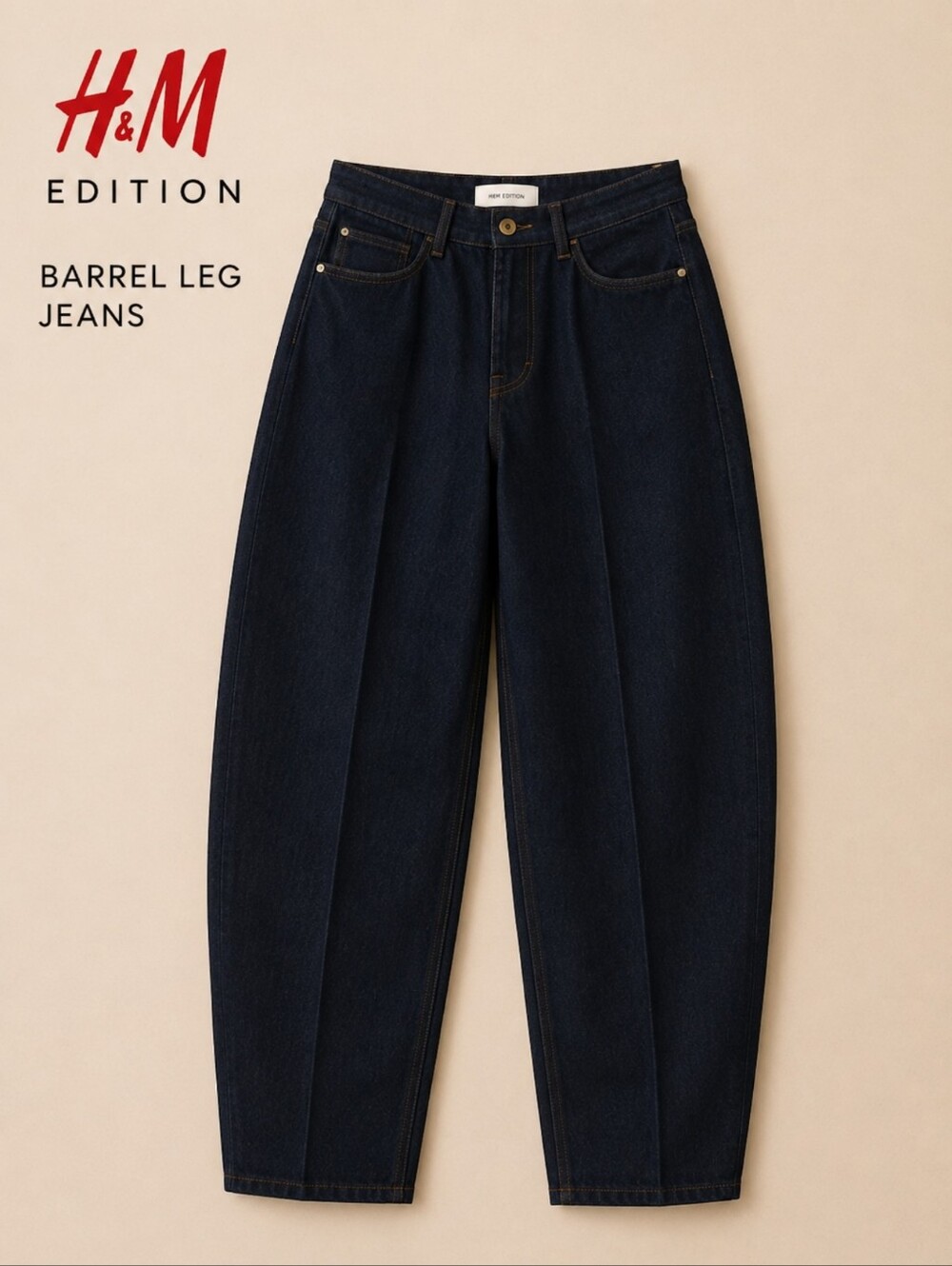 NWT H&M Edition Minimalist Barrel-Leg Style Jeans in Dark Indigo, Size 6